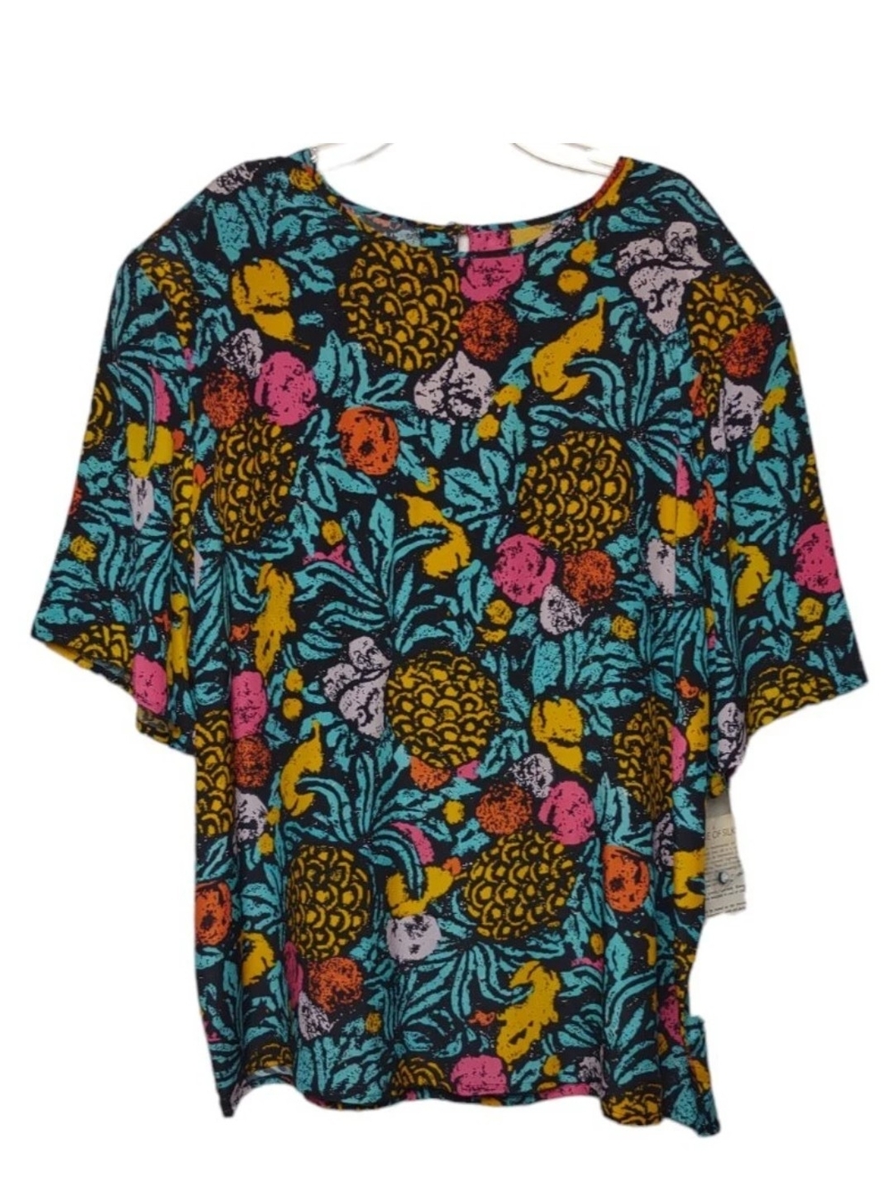 Laura & Jayne Vintage Silk Short Sleeve Blouse Bold Pineapple Floral Print